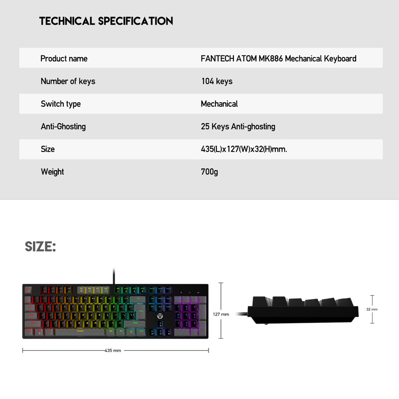 Tastatura Mehanicka Gaming Fantech MK886 RGB Atom TKL crna (Blue switch) — image 8